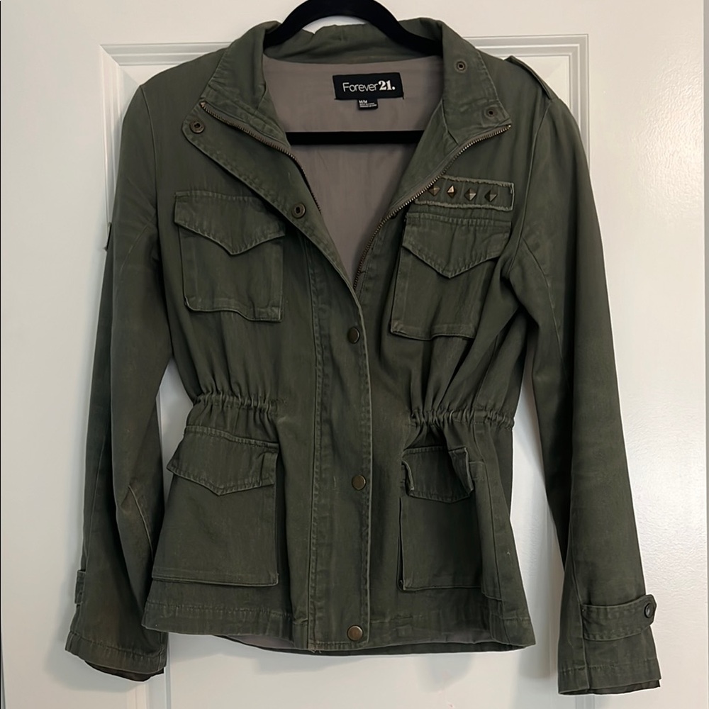 Olive Utility Jacket Military Cargo Safari Y2K Women’s Medium Cinched Waist F21